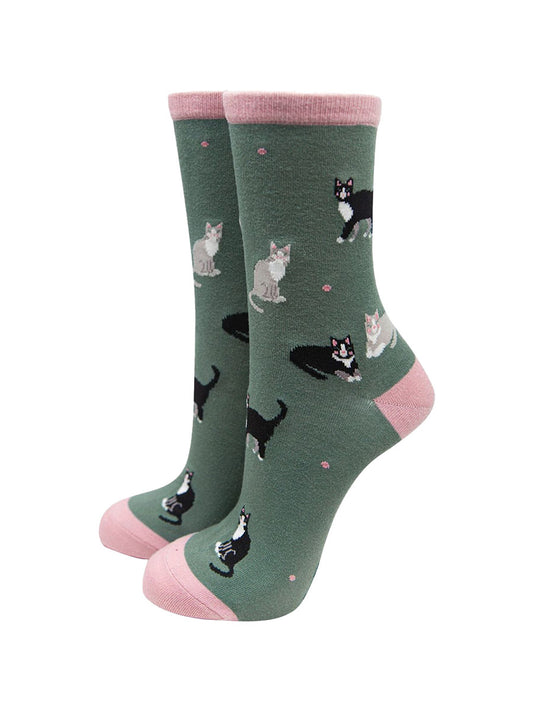 sage green and pink bamboo ankle socks with grey and black cats
