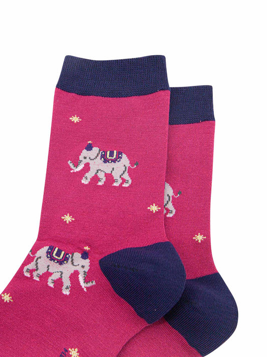 pink bamboo ankle socks with elephants wearing party hats