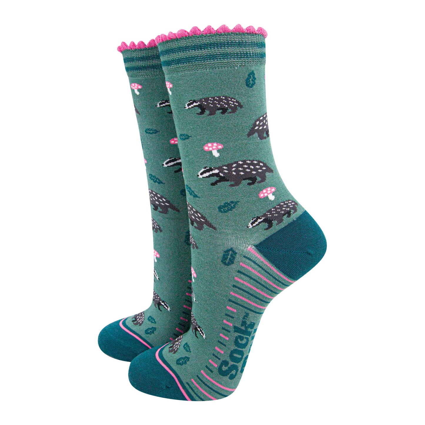 womens-bamboo-socks-sage-forest-green-badgers-and-toadstools-woodland-animals