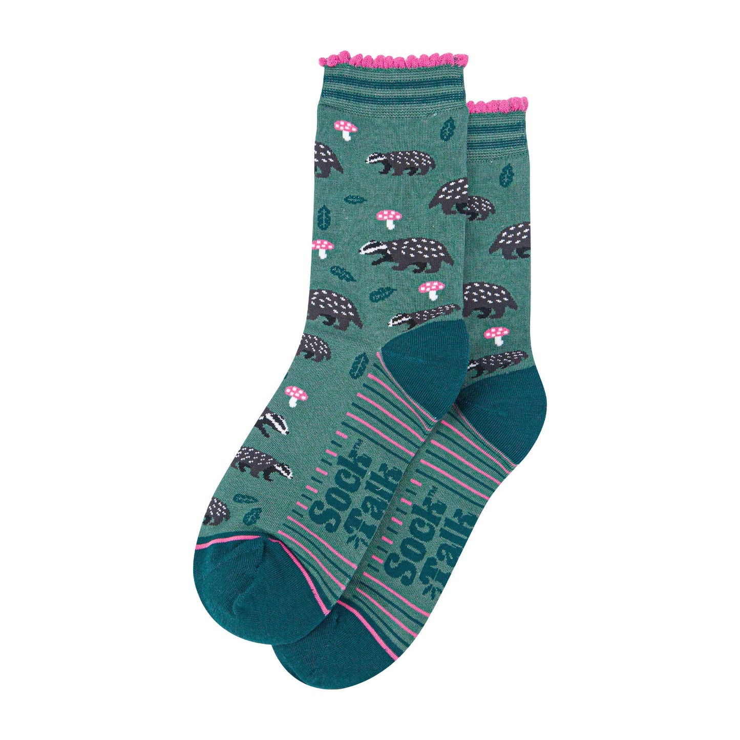 womens-bamboo-socks-sage-forest-green-badgers-and-toadstools-laying-flat
