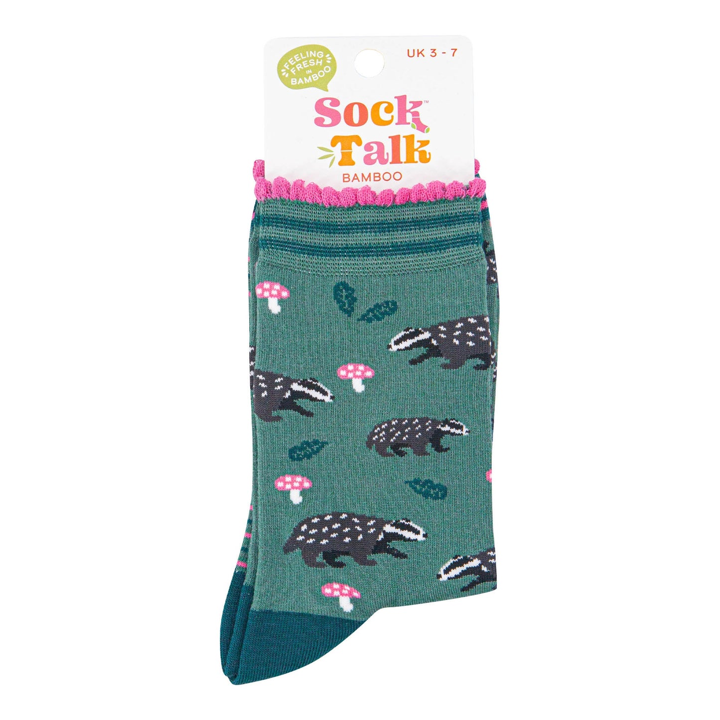 womens-bamboo-socks-sage-forest-green-badgers-and-toadstools-in-sock-talk-packaging