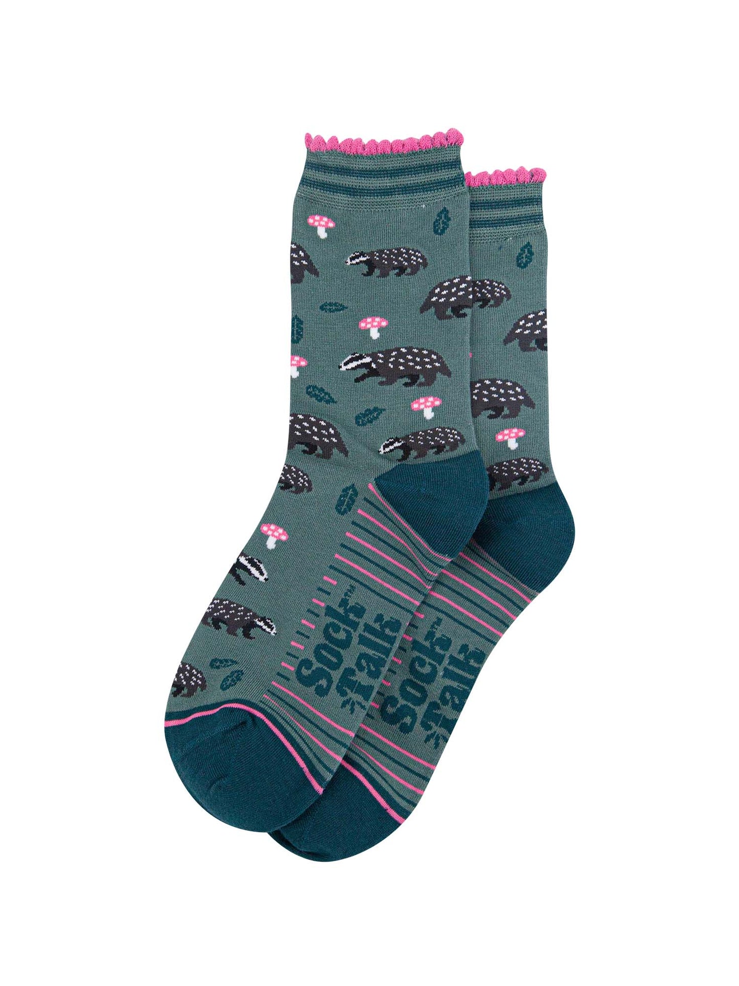 womens-bamboo-socks-sage-forest-green-badgers-and-toadstools-laying-flat