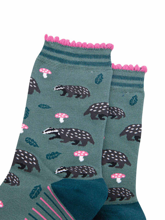 womens-bamboo-socks-sage-forest-green-badgers-and-toadstools-close-up