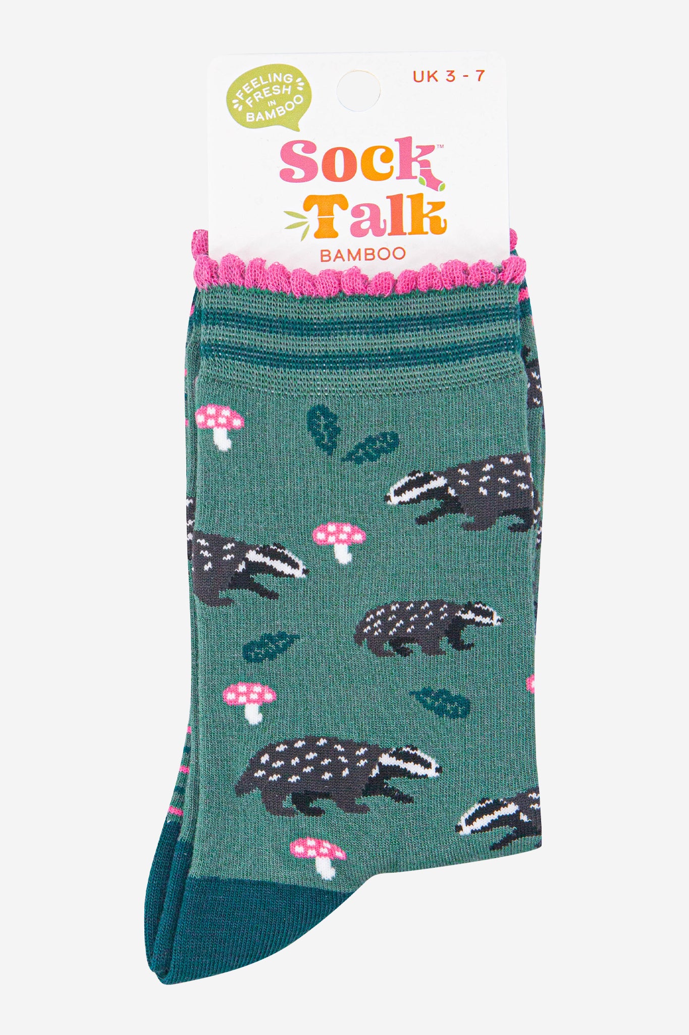 womens-bamboo-socks-sage-forest-green-badgers-and-toadstools-in-sock-talk-packaging