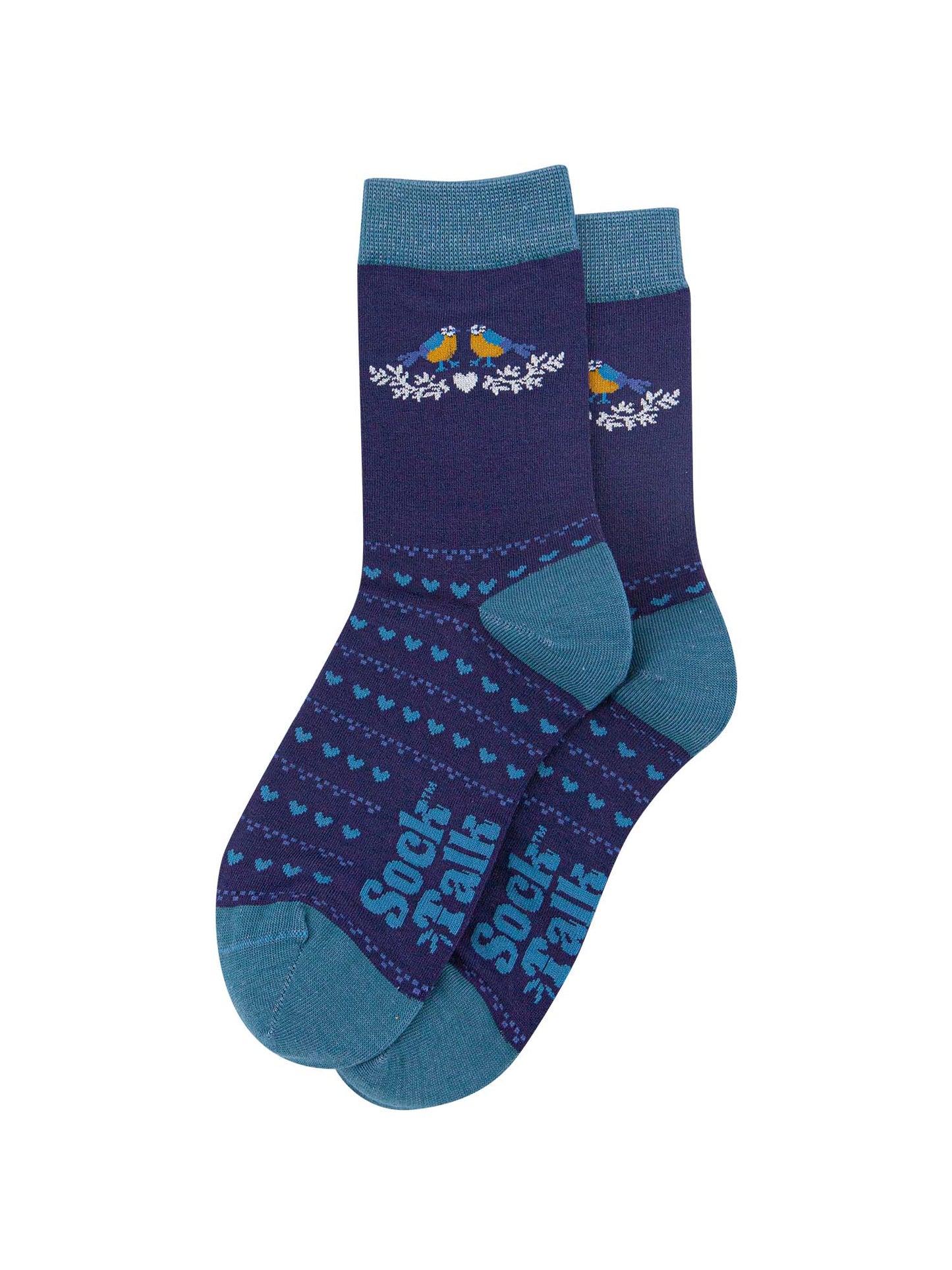 navy blue socks with blue love hearts and blue tit birds