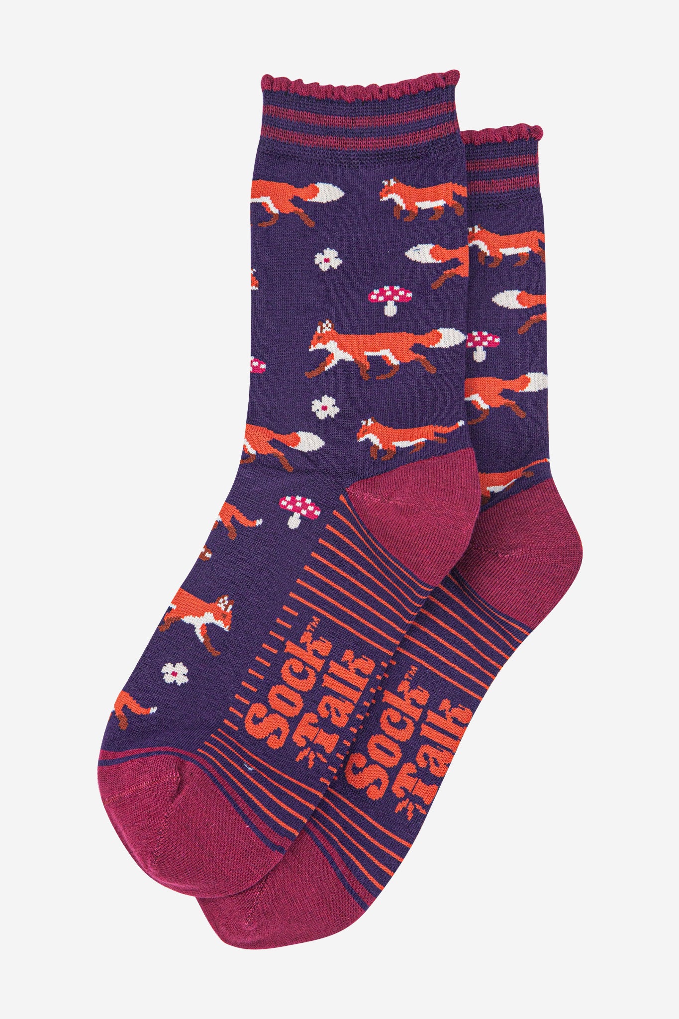 womens-bamboo-socks-navy-blue-berry-fox-and-toadstool-laying-flat
