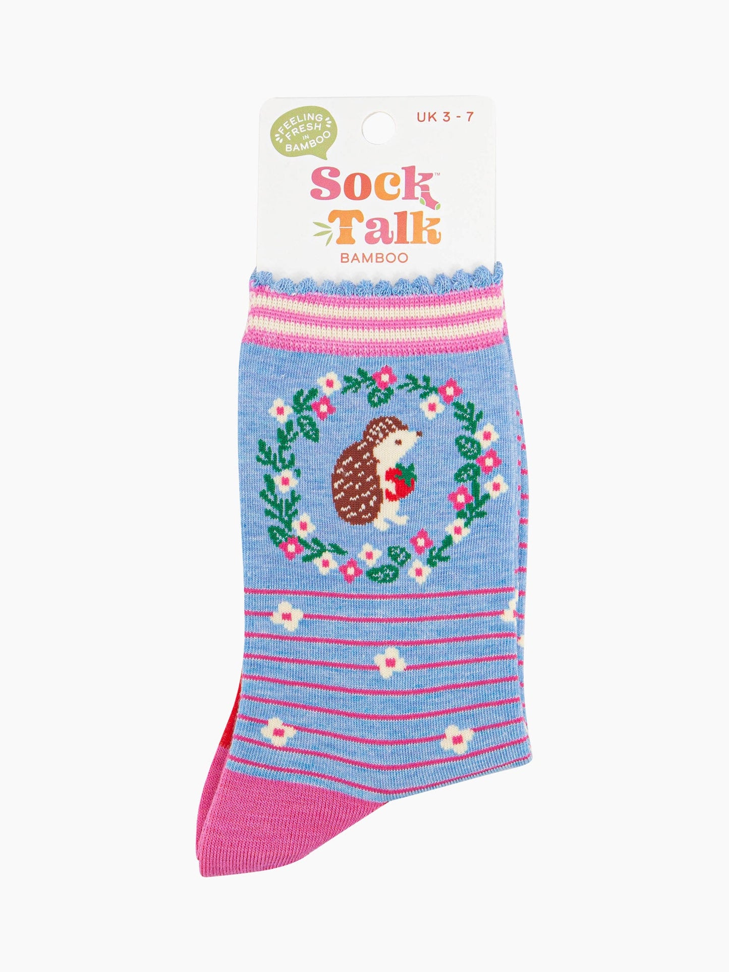 women's light blue hedgehog and strawberry wreath ankle socks in their sock talk packaging, the socks are a uk size 3-7.