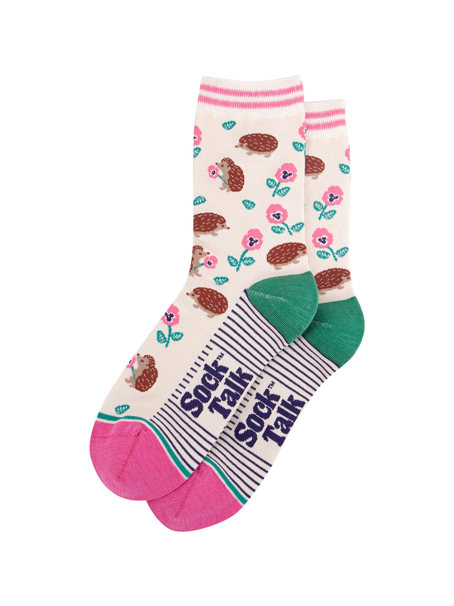 Hedgehog-Floral-Bamboo-Socks-in-Cream-Lying-Flat