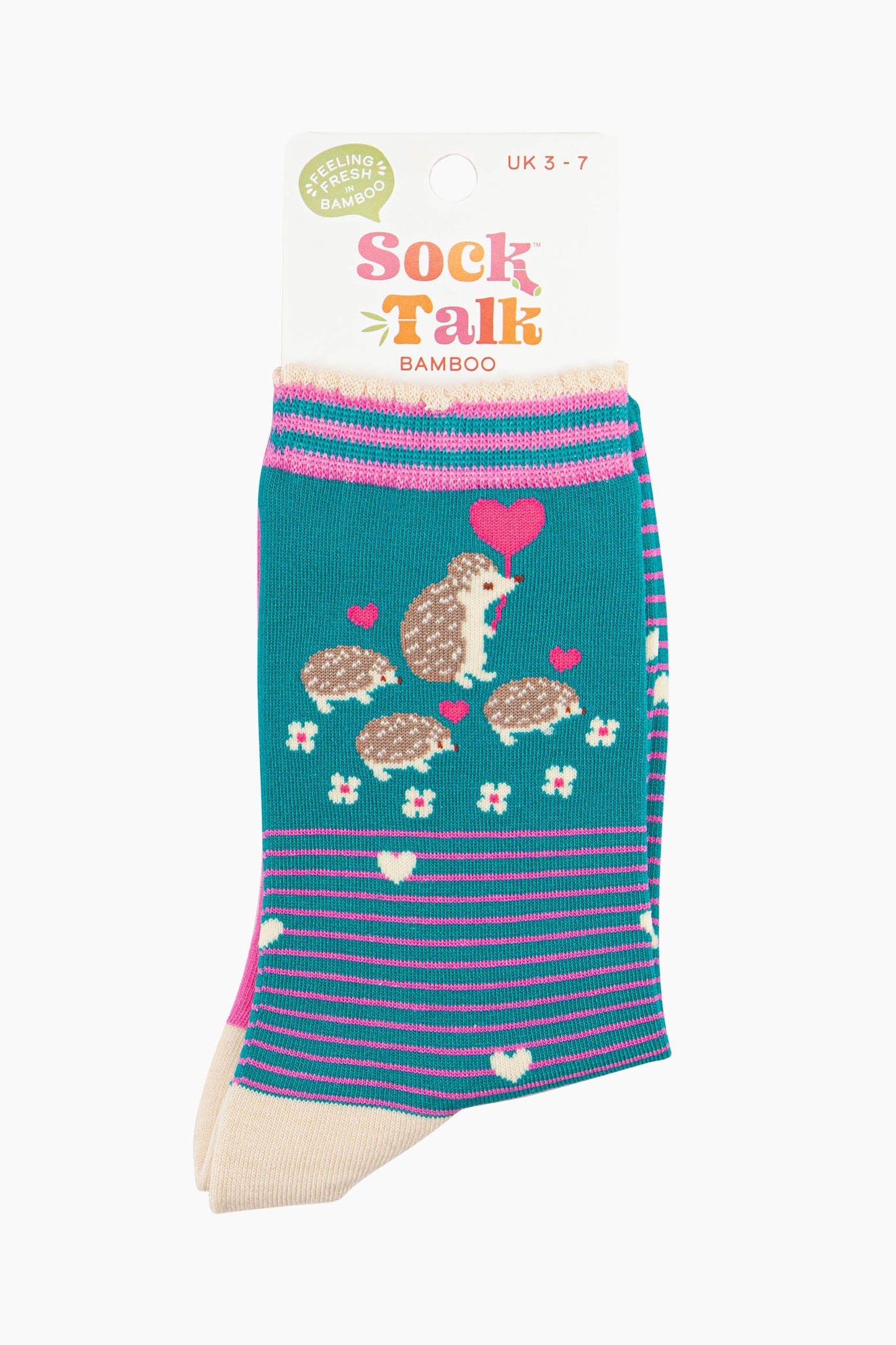 women's teal hedgehog family ankle socks in their sock talk packaging, the socks are a uk size 3-7.