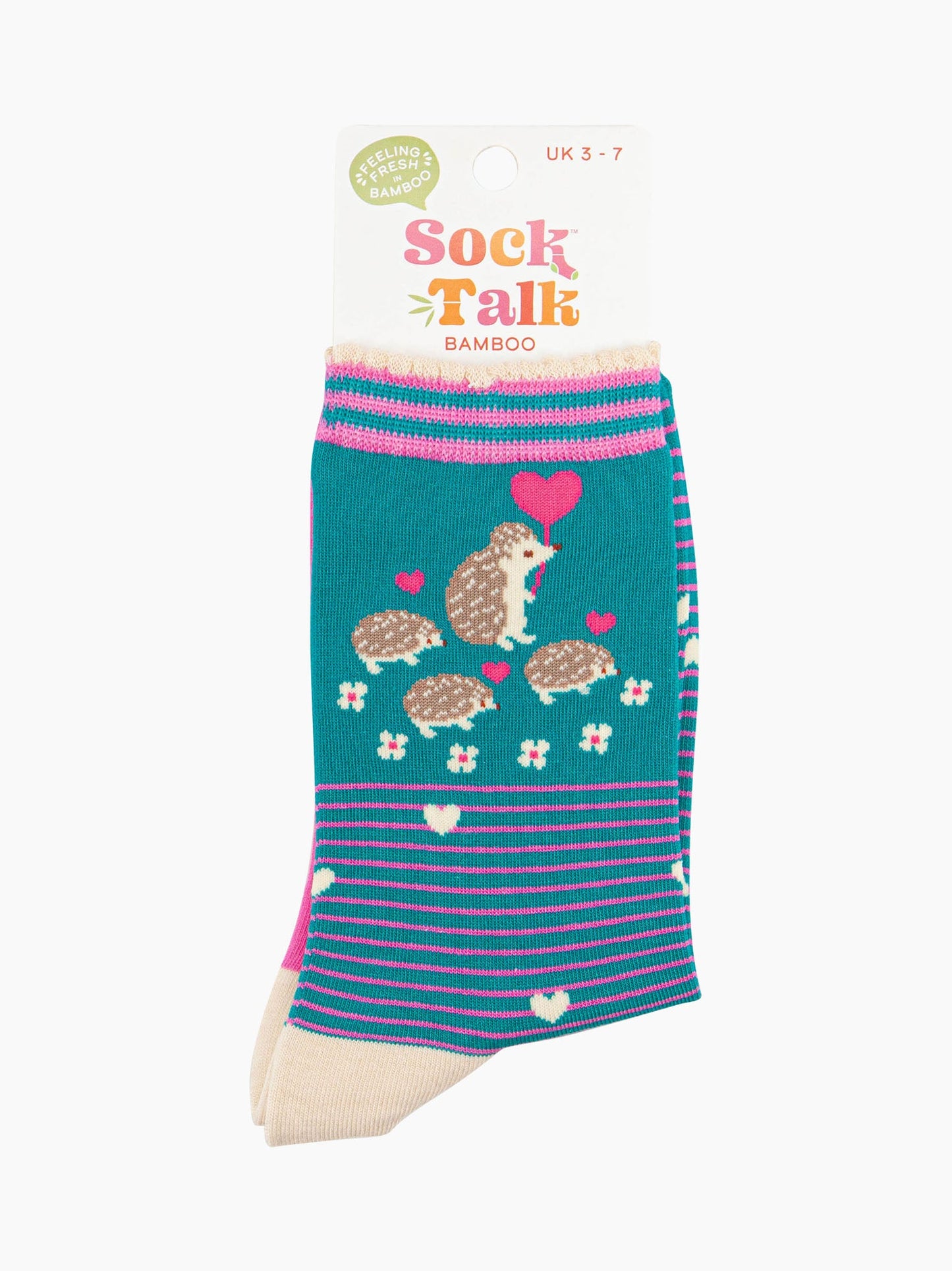 women's teal hedgehog family ankle socks in their sock talk packaging, the socks are a uk size 3-7.