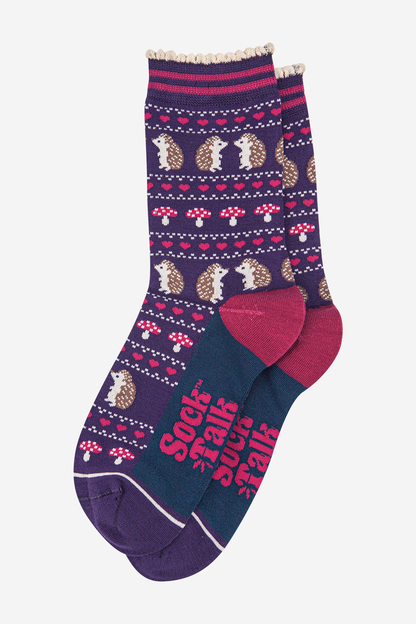 womens-bamboo-socks-navy-blue-hedgehog-toadstool-fair-isle-laying-flat