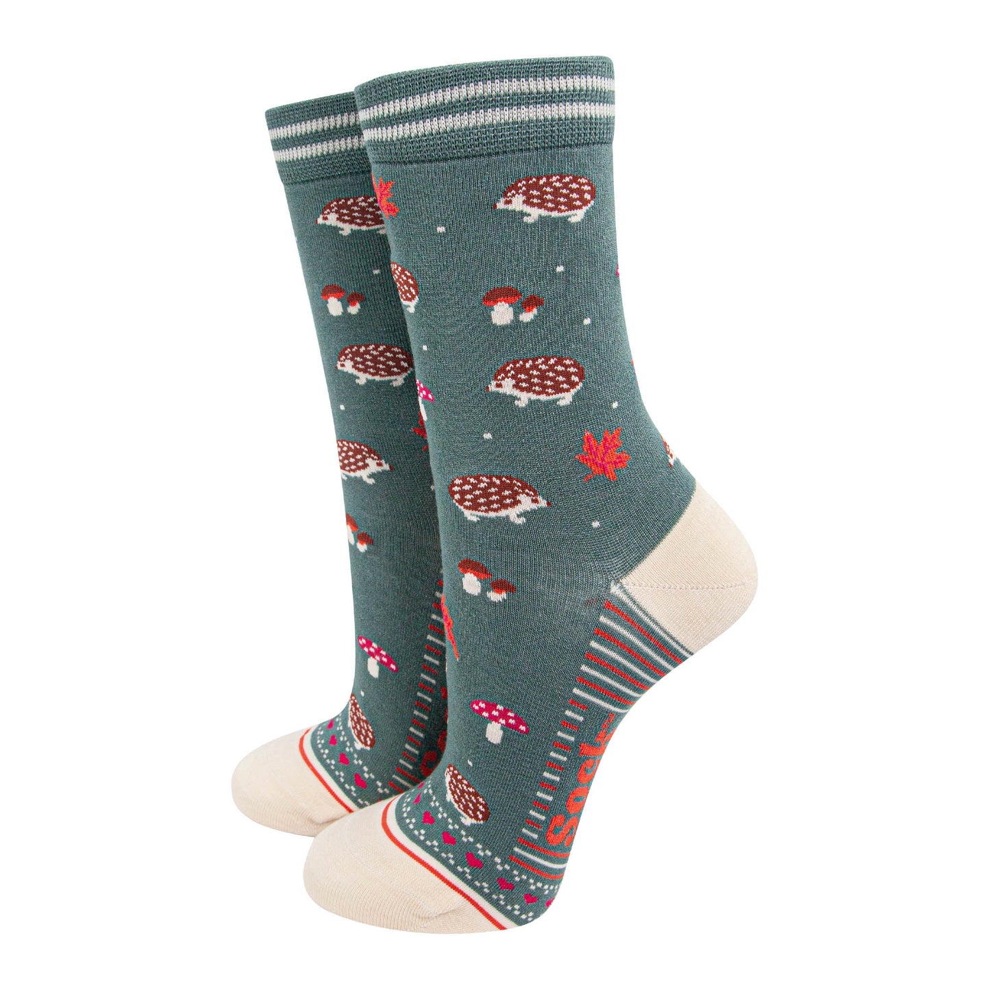 womens-bamboo-socks-sage-green-cream-hedgehog-toadstool-woodland-animals