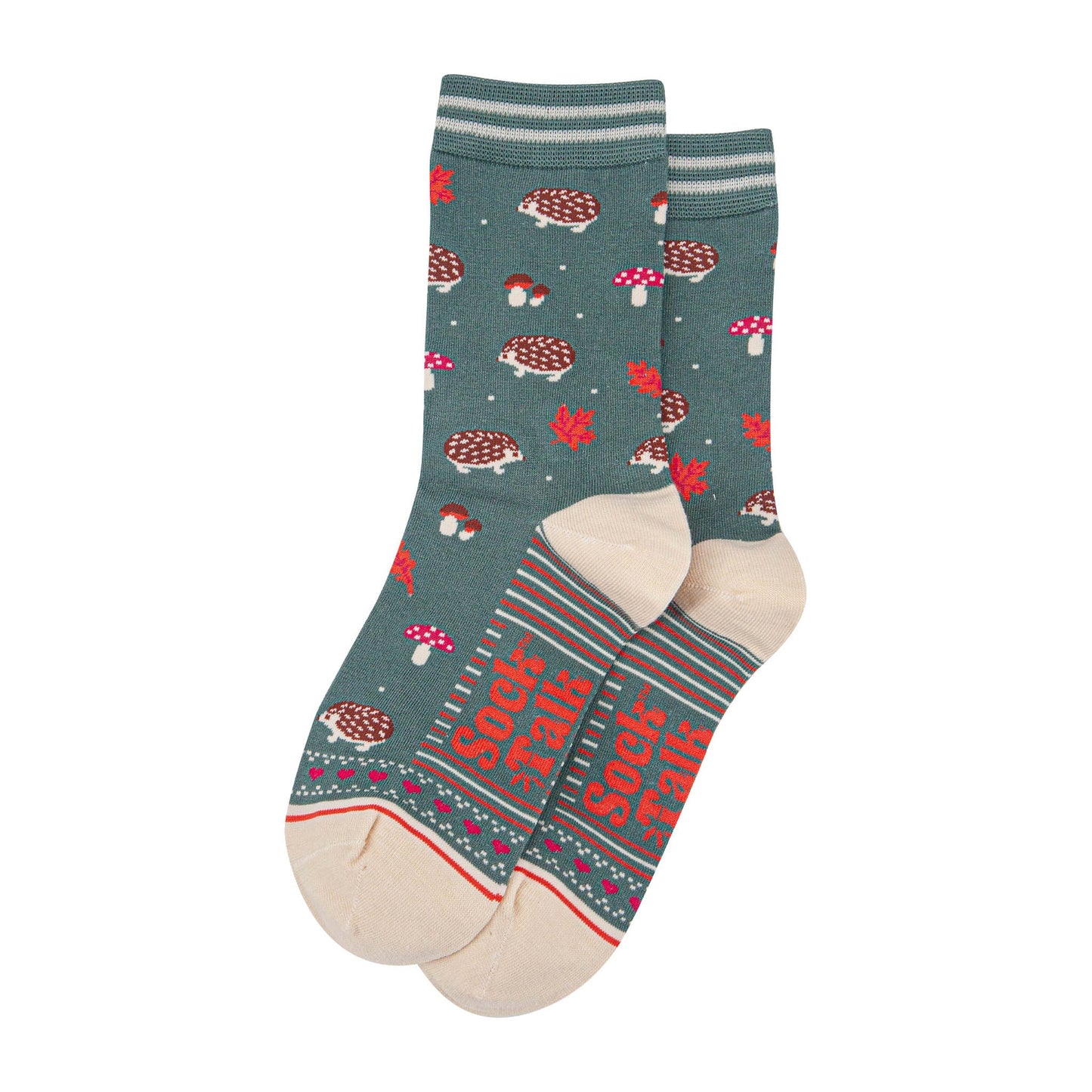 womens-bamboo-socks-sage-green-cream-hedgehog-toadstool-laying-flat