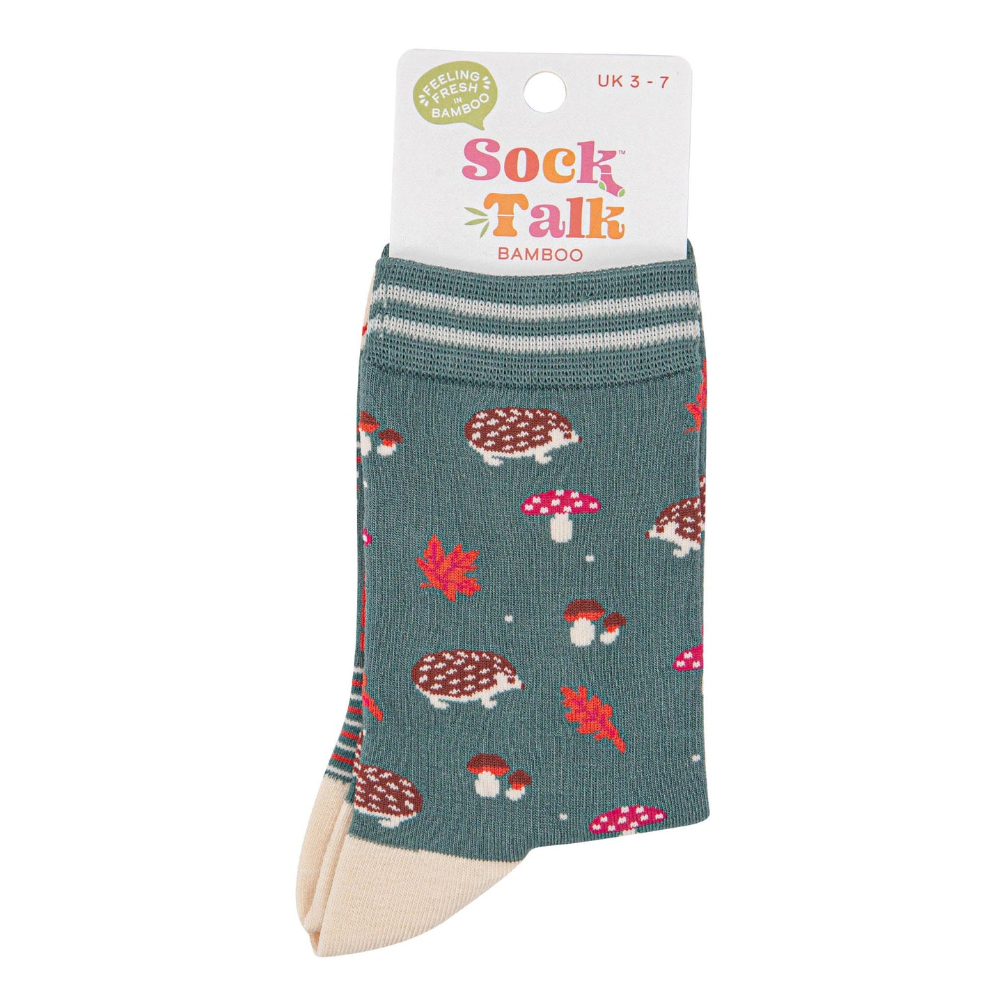 womens-bamboo-socks-sage-green-cream-hedgehog-toadstool-in-sock-talk-packaging