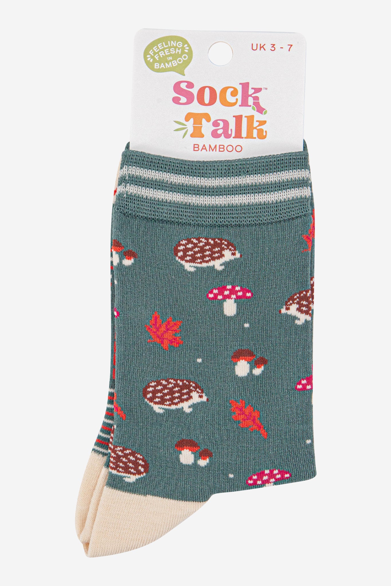womens-bamboo-socks-sage-green-cream-hedgehog-toadstool-in-sock-talk-packaging