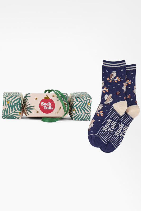 Women's Bamboo Ankle Socks Christmas Cracker Gift Box - Navy Blue/Cream, Barn Owls