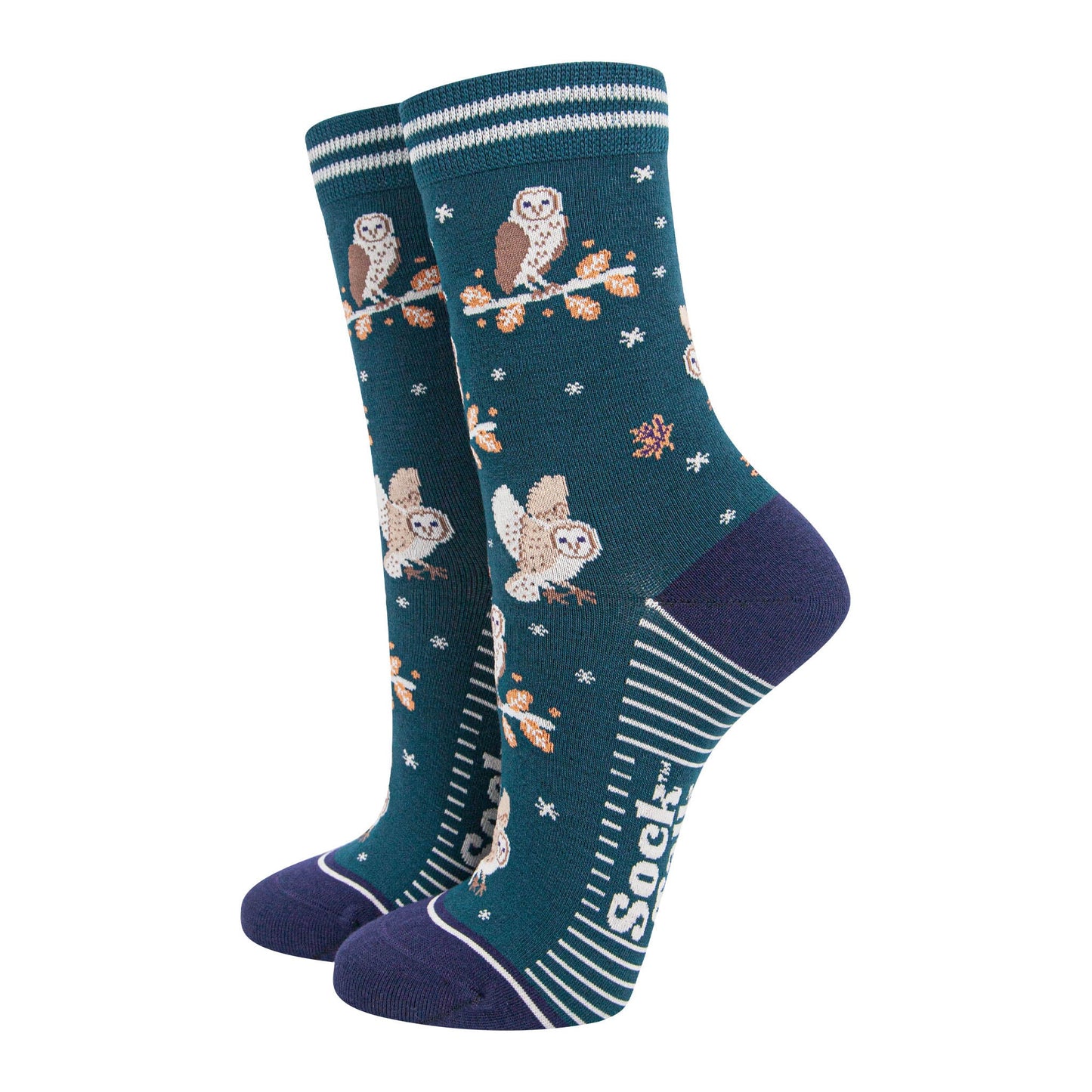 womens-bamboo-socks-forest-green-navy-blue-barn-owls-birds