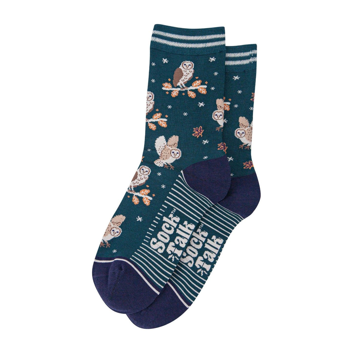 womens-bamboo-socks-forest-green-navy-blue-barn-owls-laying-flat