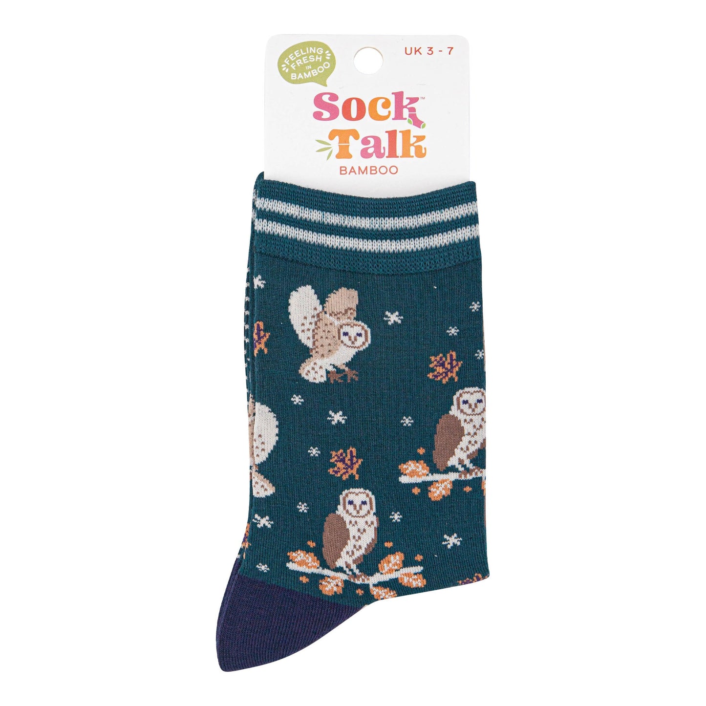 womens-bamboo-socks-forest-green-navy-blue-barn-owls-in-sock-talk-packaging