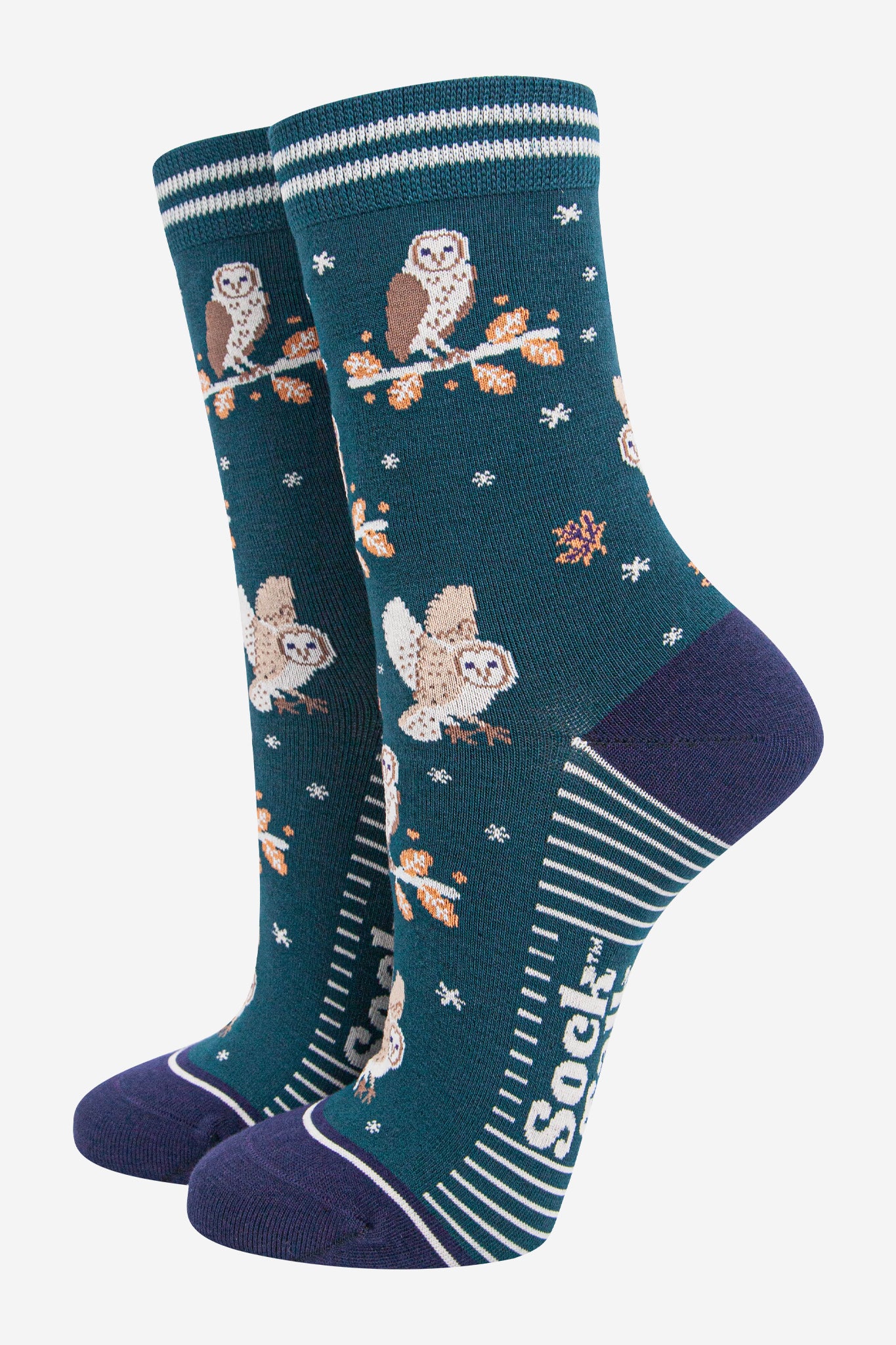 womens-bamboo-socks-forest-green-navy-blue-barn-owls-birds