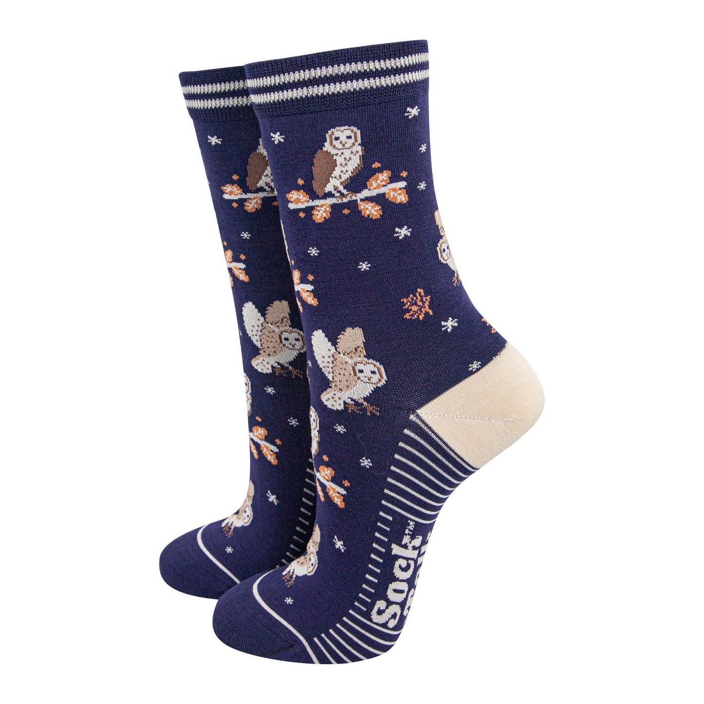 womens-bamboo-socks-navy-blue-barn-owls-birds-trees