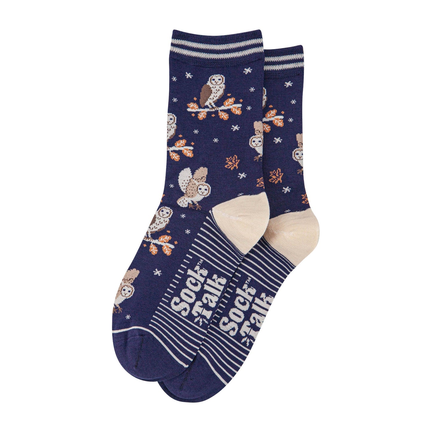 womens-bamboo-socks-navy-blue-barn-owls-laying-flat