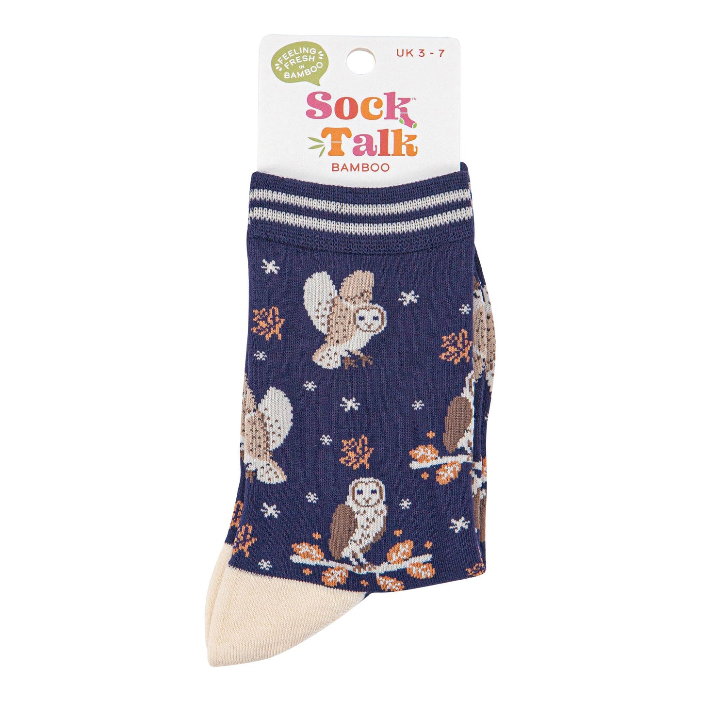 womens-bamboo-socks-navy-blue-barn-owls-in-sock-talk-packaging