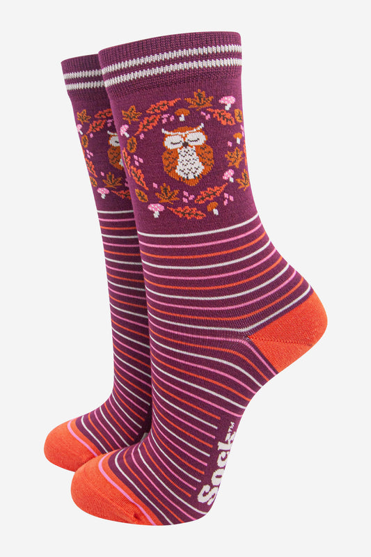 womens-bamboo-socks-berry-owl-woodland-animals-stripes