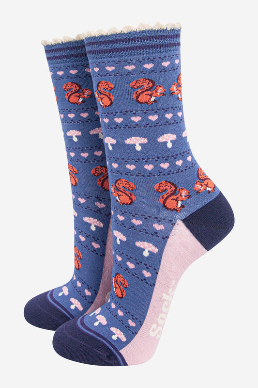 womens-bamboo-socks-denim-blue-navy-blue-squirrel-fair-isle-woodland-animals