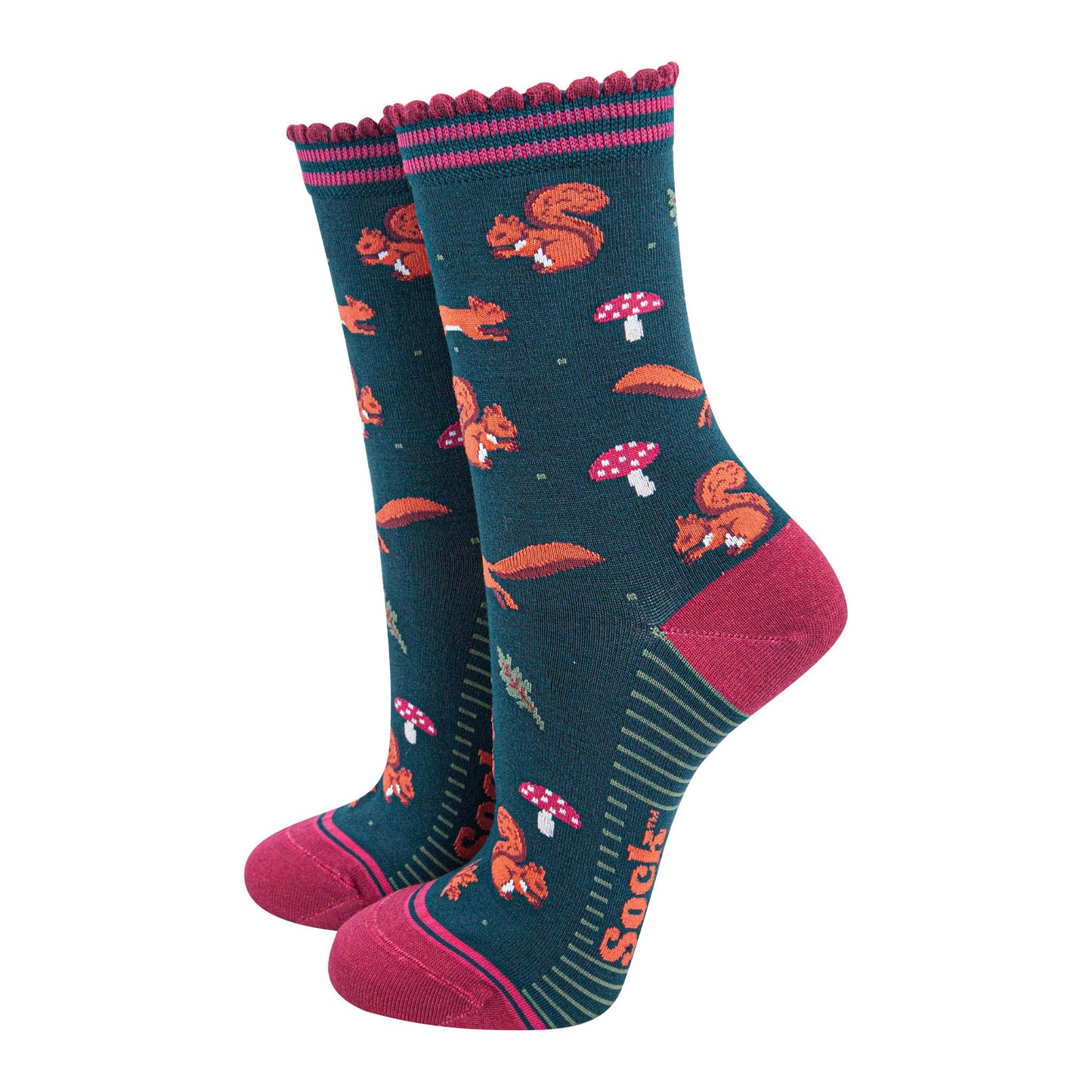 womens-bamboo-socks-forest-green-berry-squirrel-and-toadstool-woodland-animals