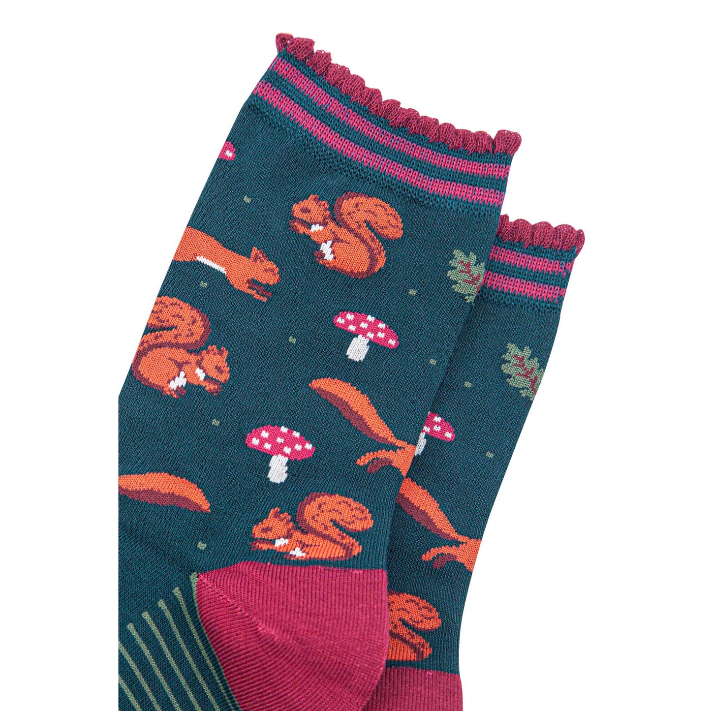 womens-bamboo-socks-forest-green-berry-squirrel-and-toadstool-close-up