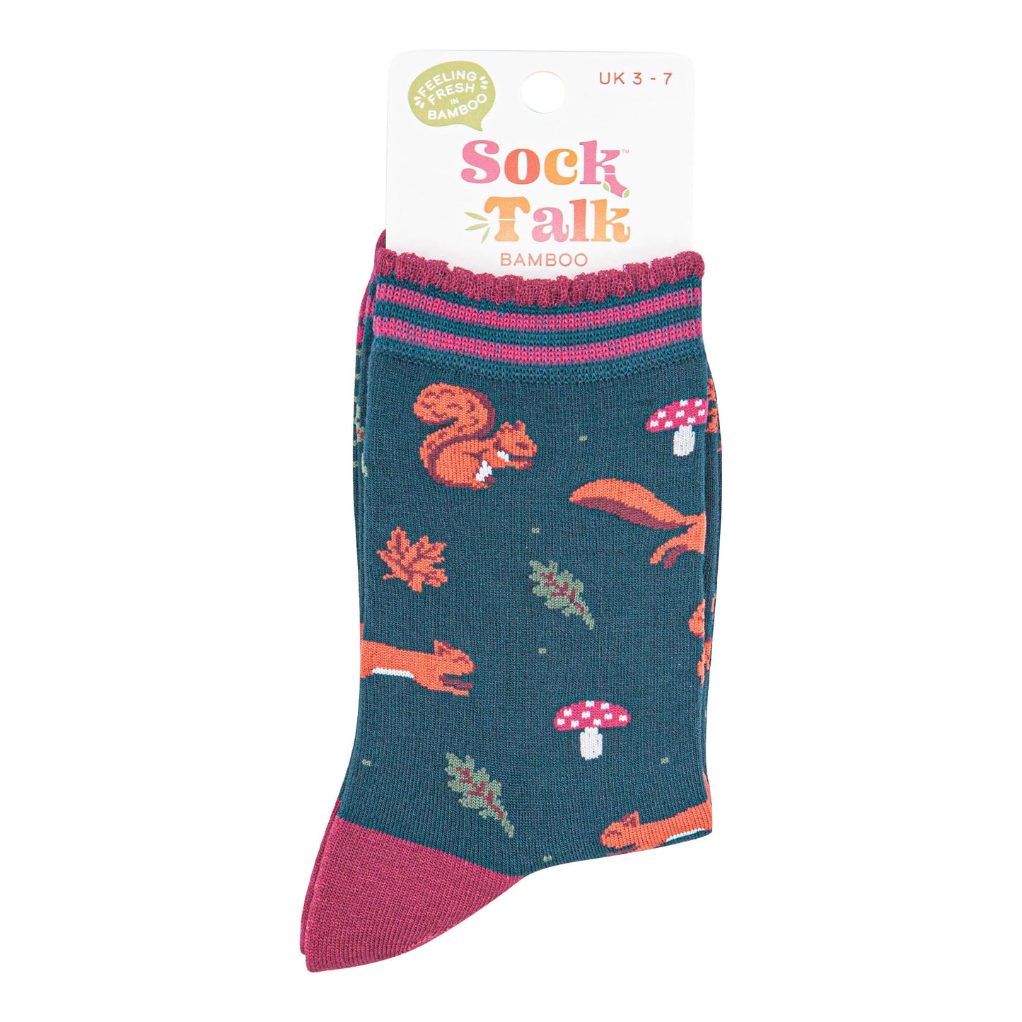 womens-bamboo-socks-forest-green-berry-squirrel-and-toadstool-in-sock-talk-packaging