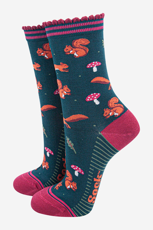 womens-bamboo-socks-forest-green-berry-squirrel-and-toadstool-woodland-animals