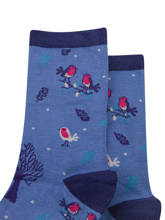 blue bamboo ankle socks featuring red robin birds and trees