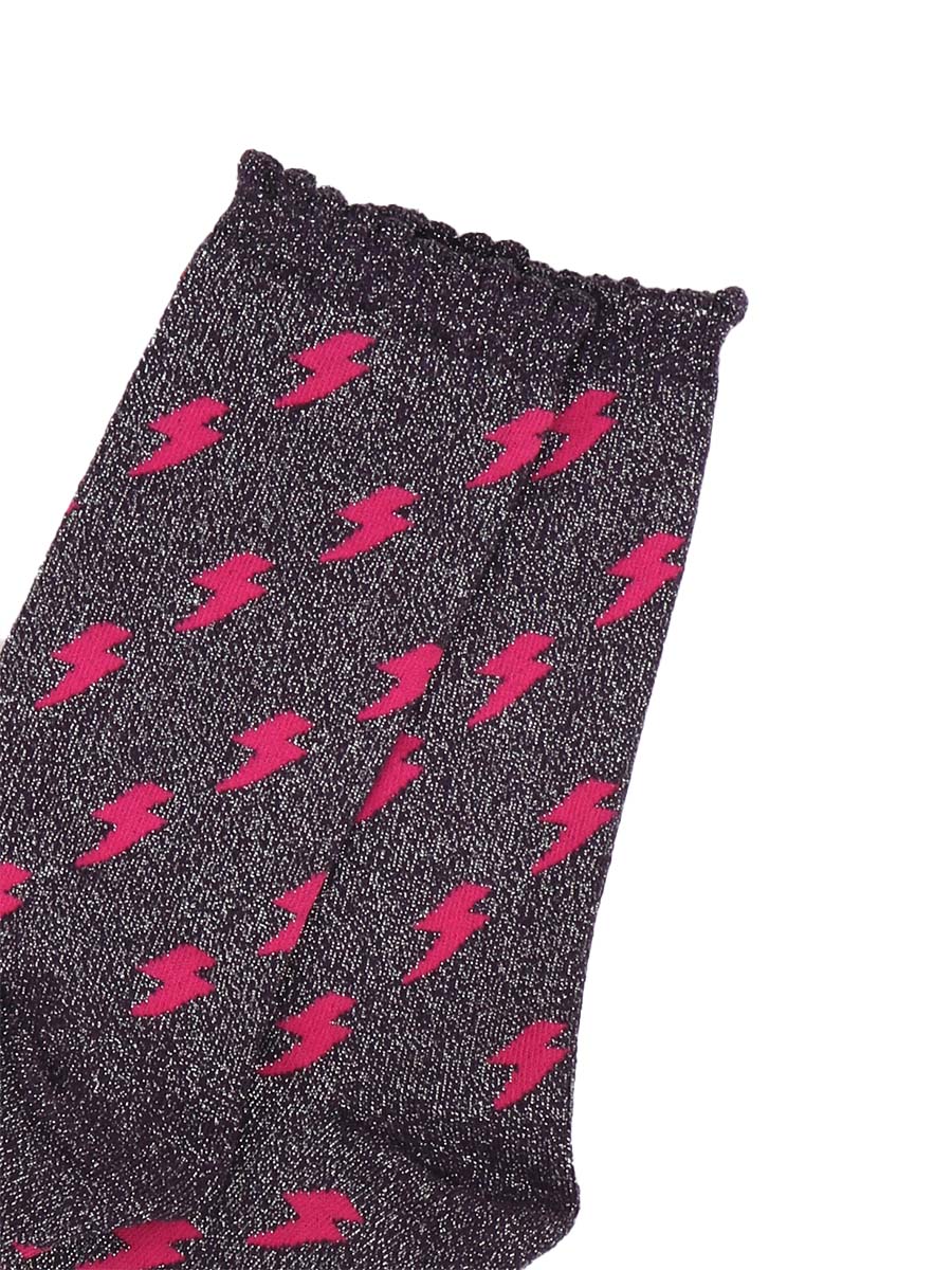 navy blue sparkly glitter socks with an all over pattern of pink lighting bolts