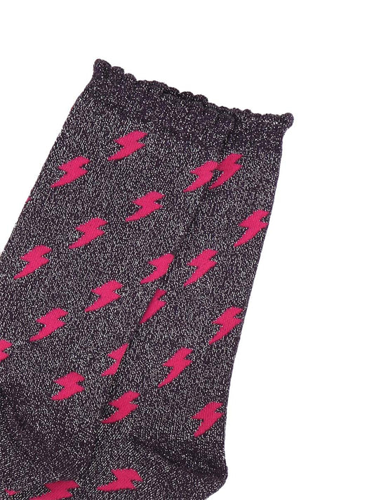navy blue sparkly glitter socks with an all over pattern of pink lighting bolts