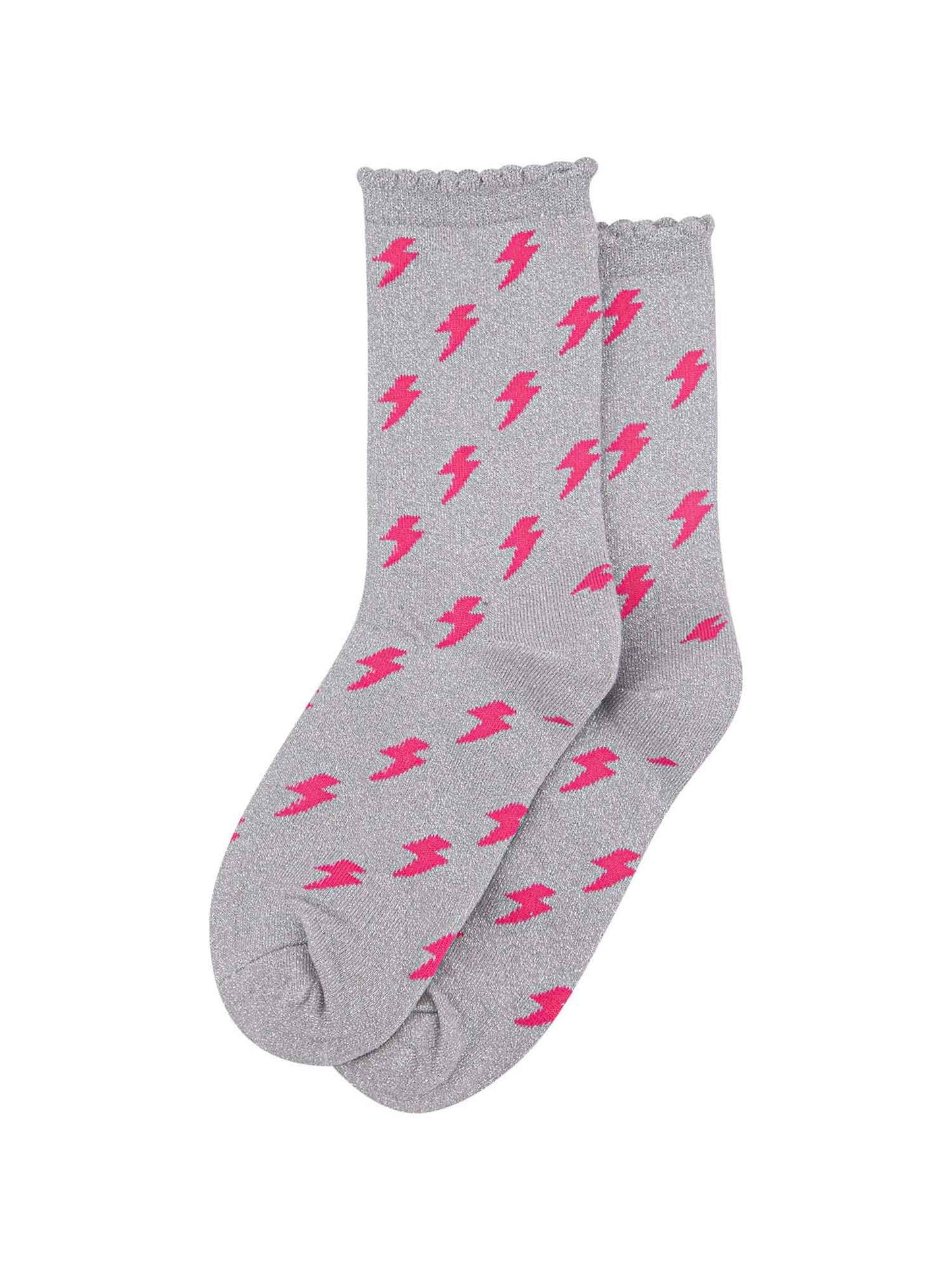 grey and pink glitter sparkle thunderbolt ankle socks