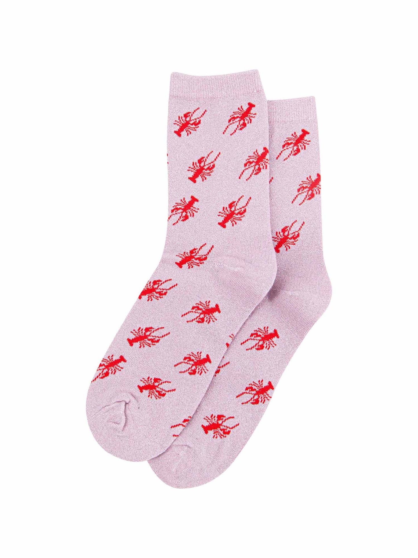 pink cotton socks with an all over red lobster print pattern and silver glitter shimmer, the socks have a scalloped cuff edge