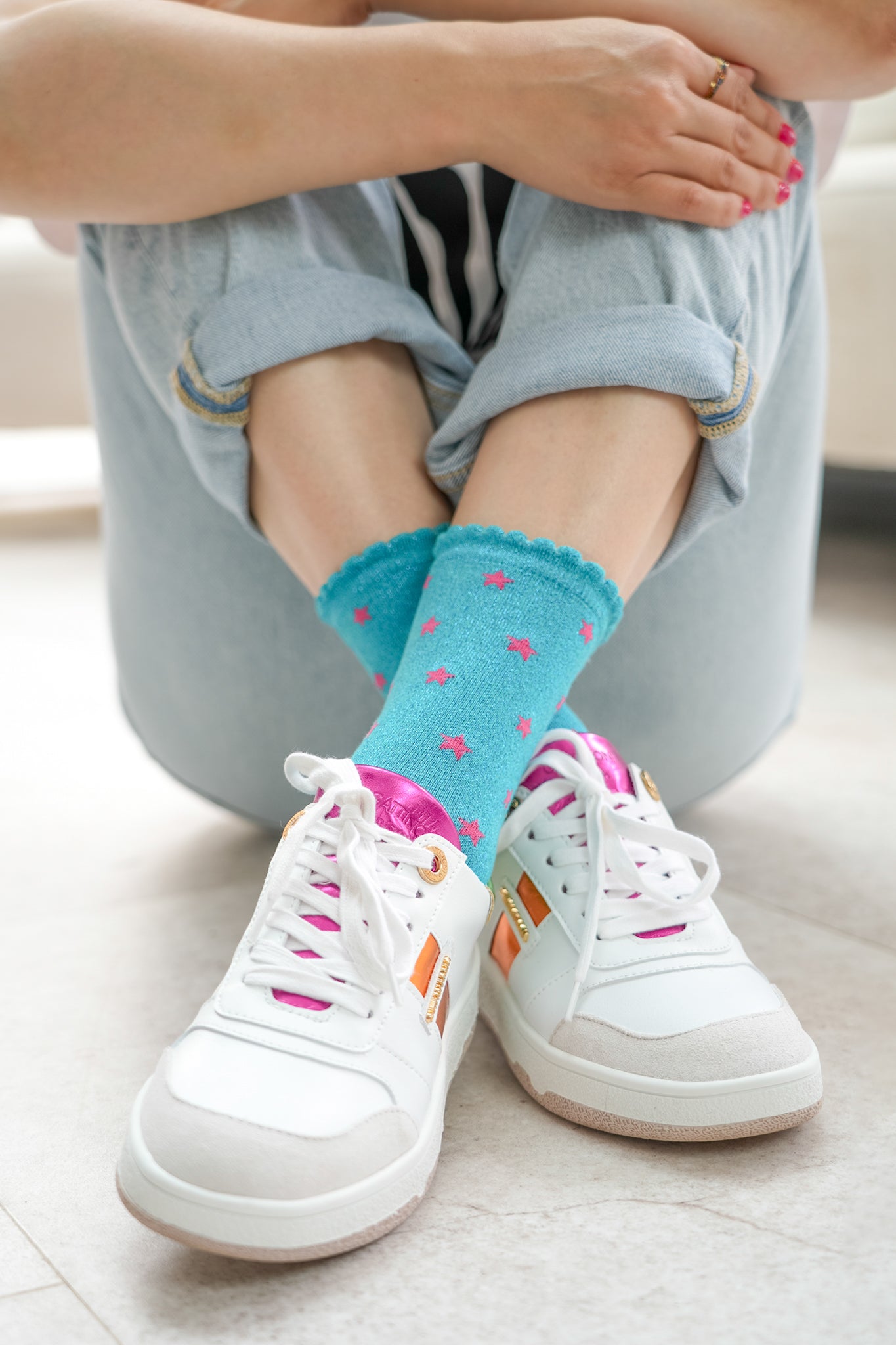 cotton-blend-glitter-socks-with-star-detail-in-aqua-styled-with-multi-colour-trainers