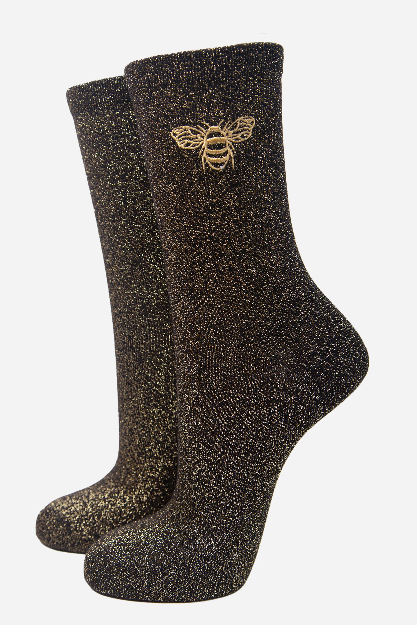 black ankle socks with an all over gold glitter shimmer with an embroidered gold bee