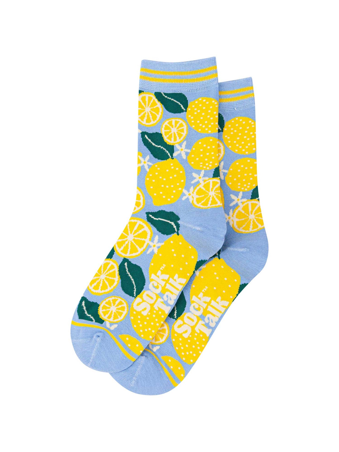 womens-bamboo-socks-blue-lemon-tree-laying-flat-yellow-citrus-fruits