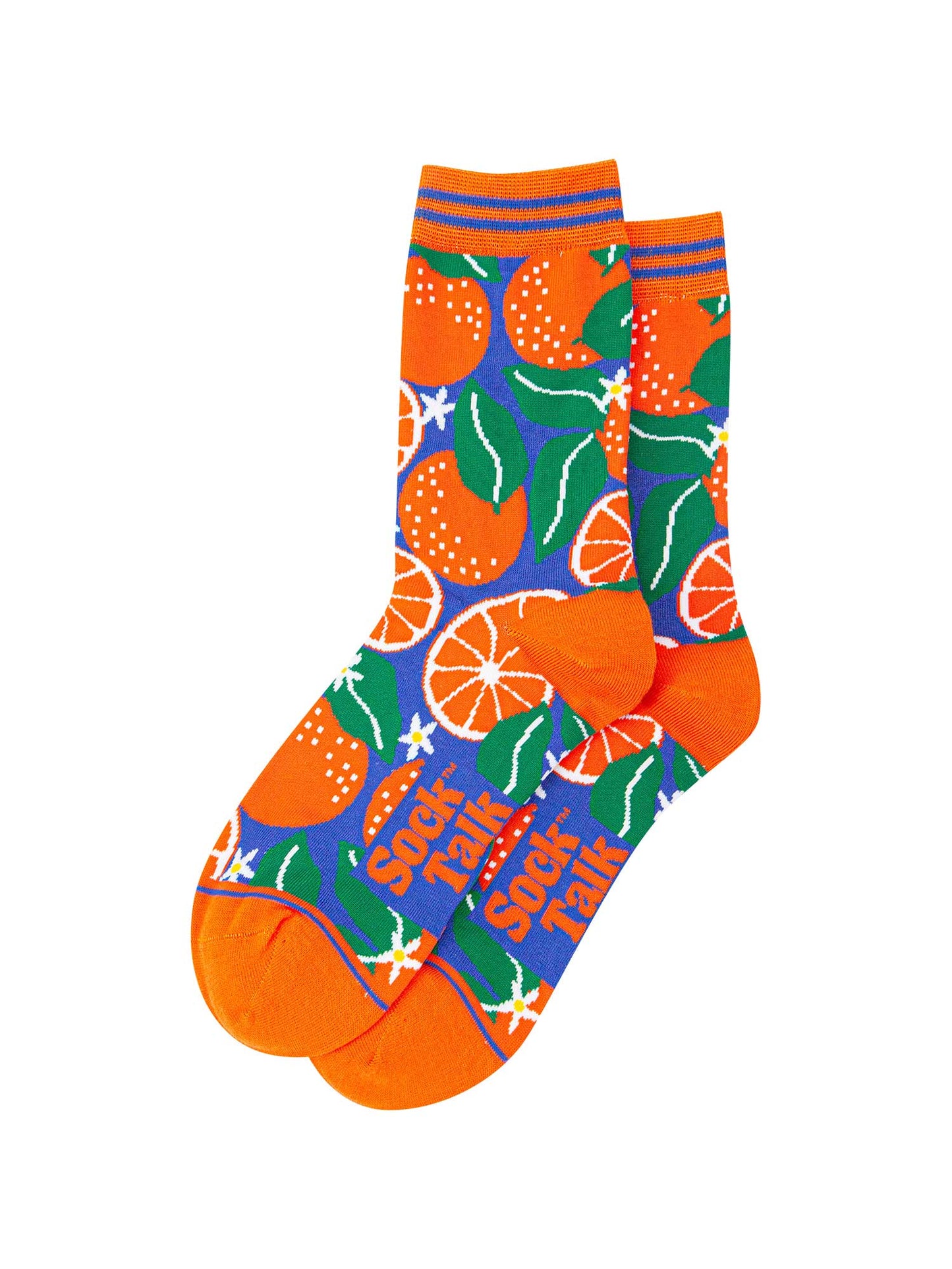 womens-bamboo-socks-blue-orange-tree-laying-flat-citrus-fruit-pattern