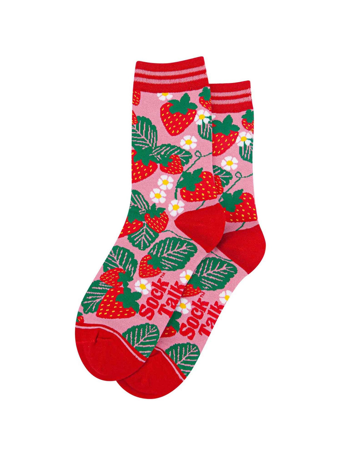 womens-bamboo-socks-pink-strawberries-laying-flat-strawberry-plants