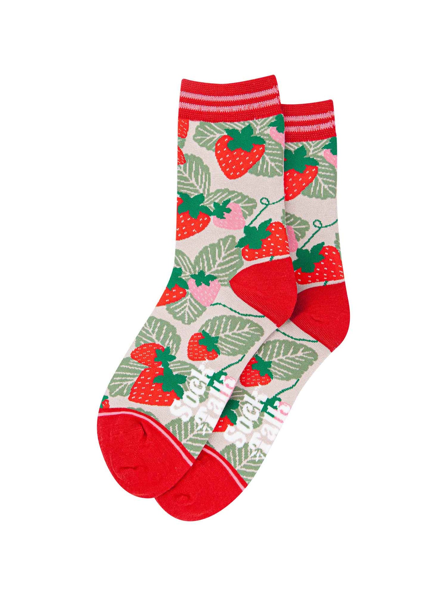cream and red strawberry ankle socks made from soft bamboo