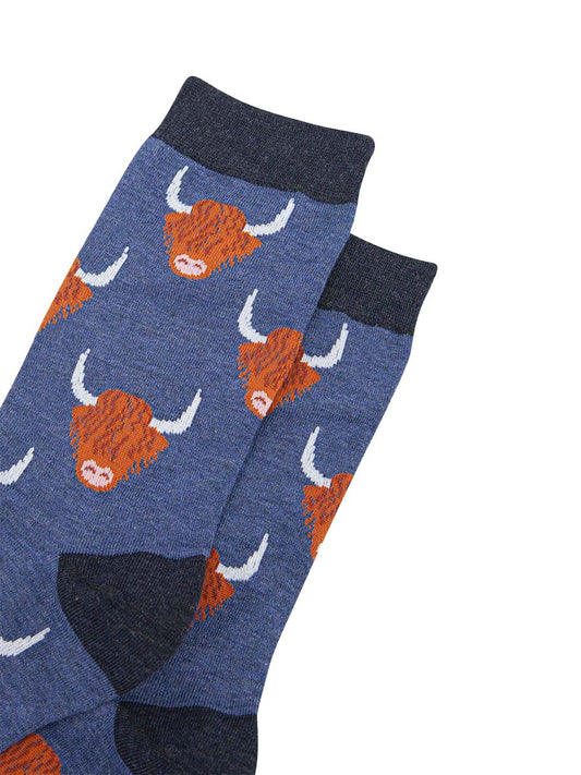 mens-bamboo-socks-denim-blue-highland-cow-close-up-long-haired-cows-orange