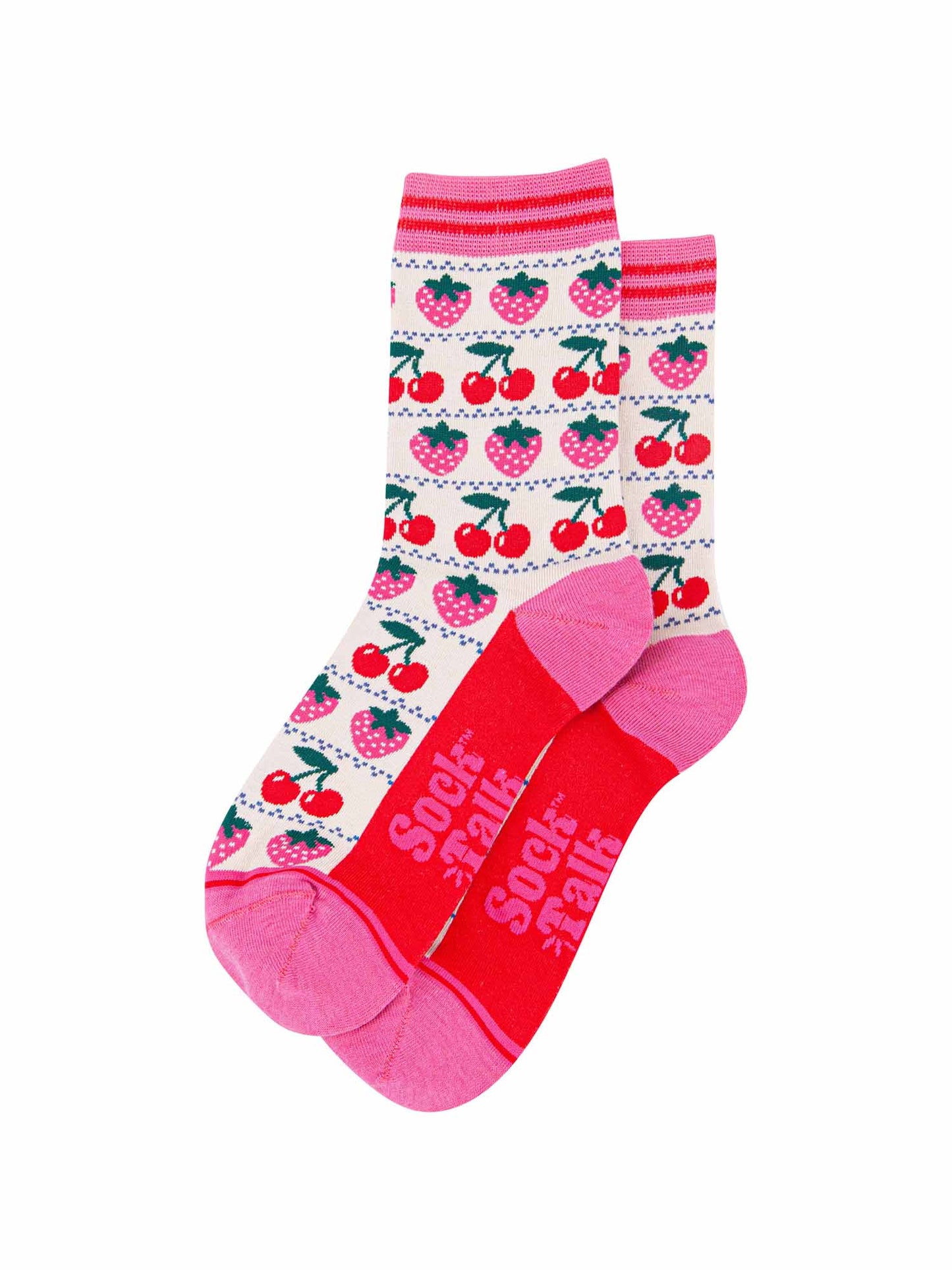 womens-bamboo-socks-cream-strawberry-cherry-fair-isle-laying-flat-showing-all-over-pattern