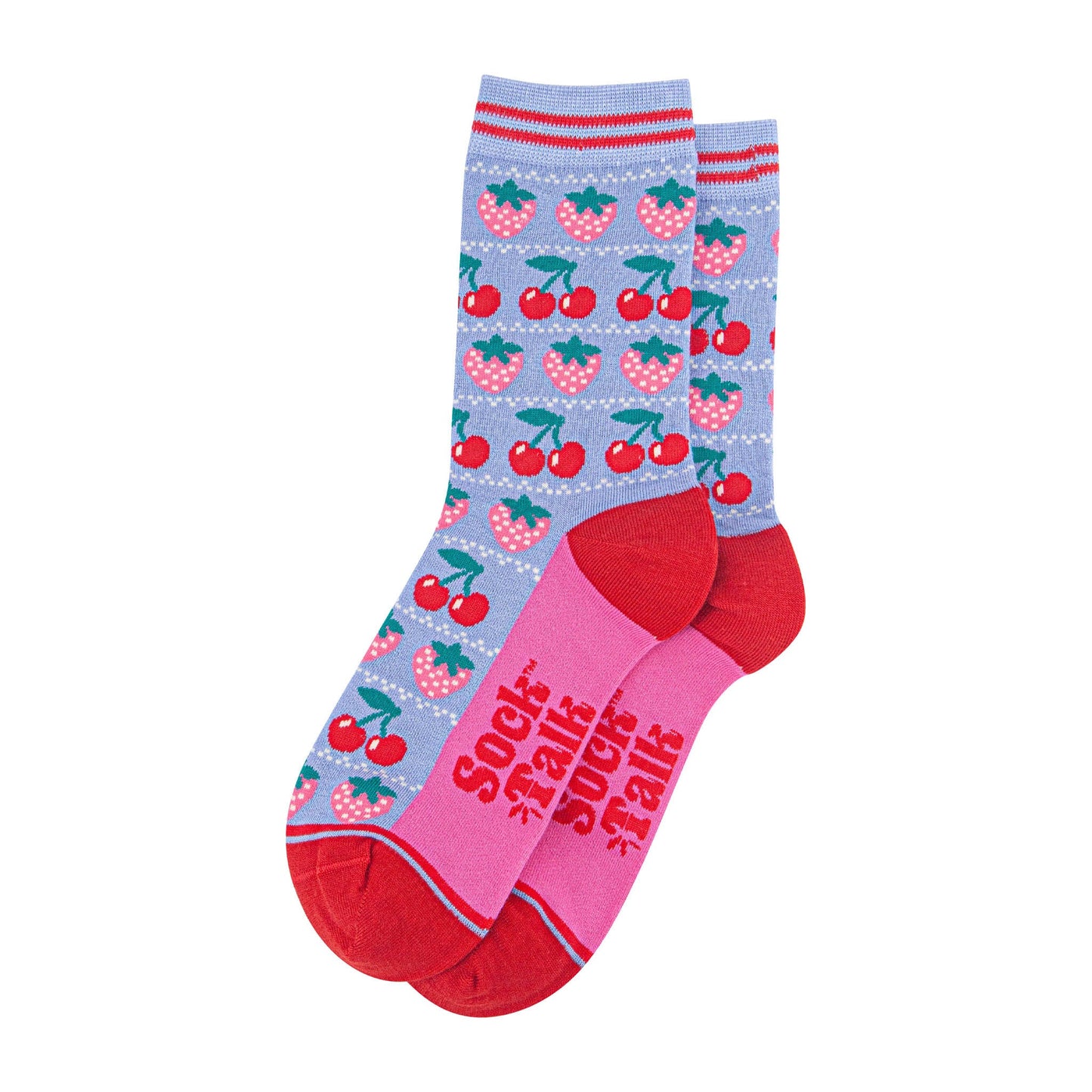 womens-bamboo-socks-light-blue-red-strawberries-laying-flat