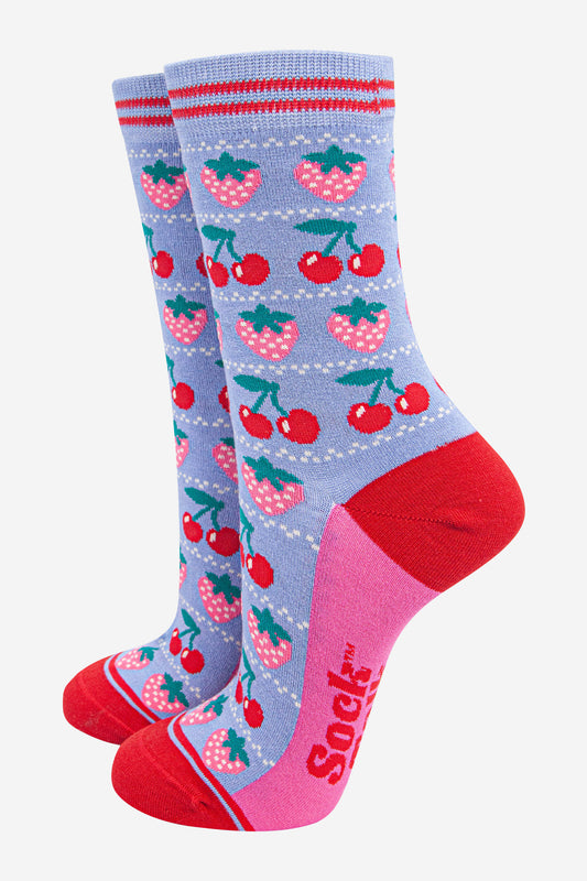 womens-bamboo-socks-light-blue-red-strawberries-fruit-cherries