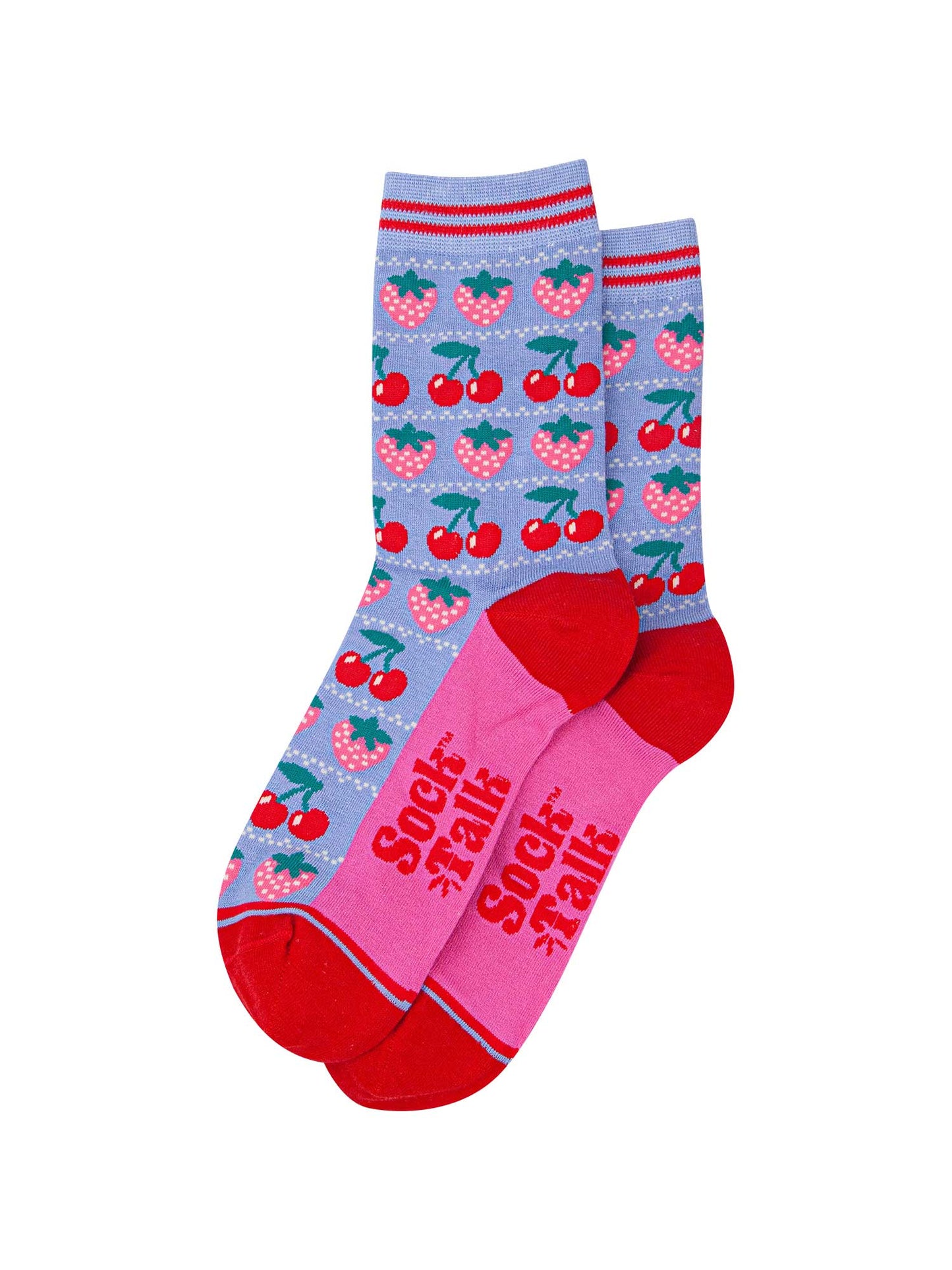 womens-bamboo-socks-light-blue-red-strawberries-laying-flat