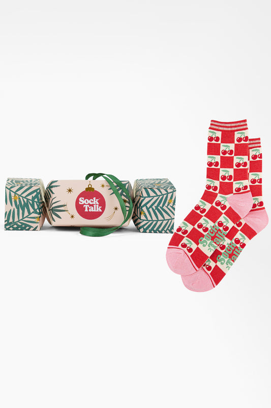 Women's Bamboo Ankle Socks Christmas Cracker Gift Box - Cream/Red, Cherry Squares